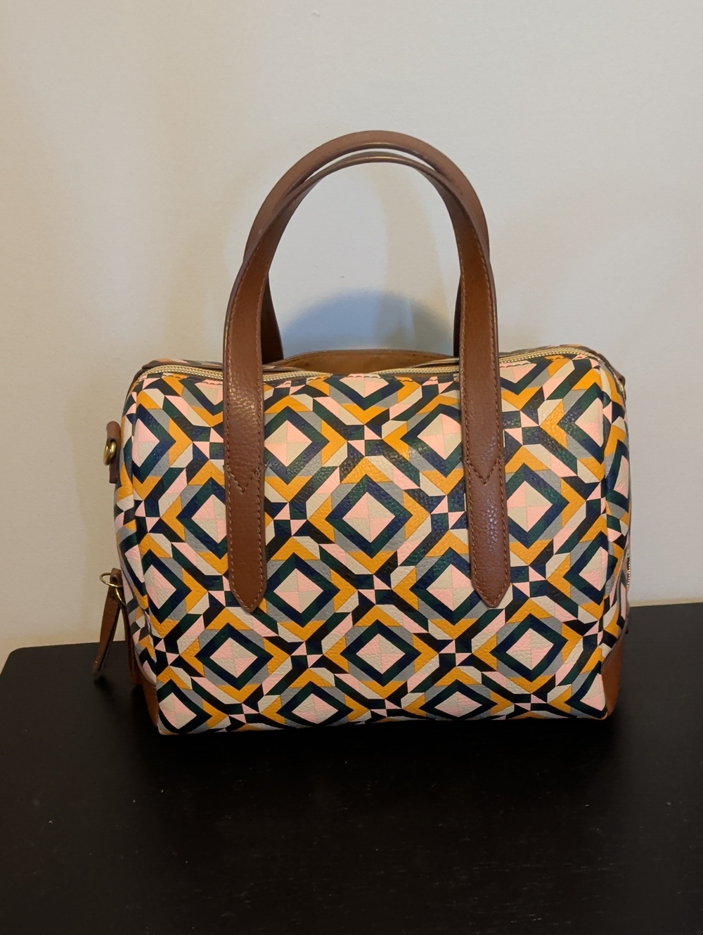 Fossil Geometric Print Satchel - Pink, Navy & Brown